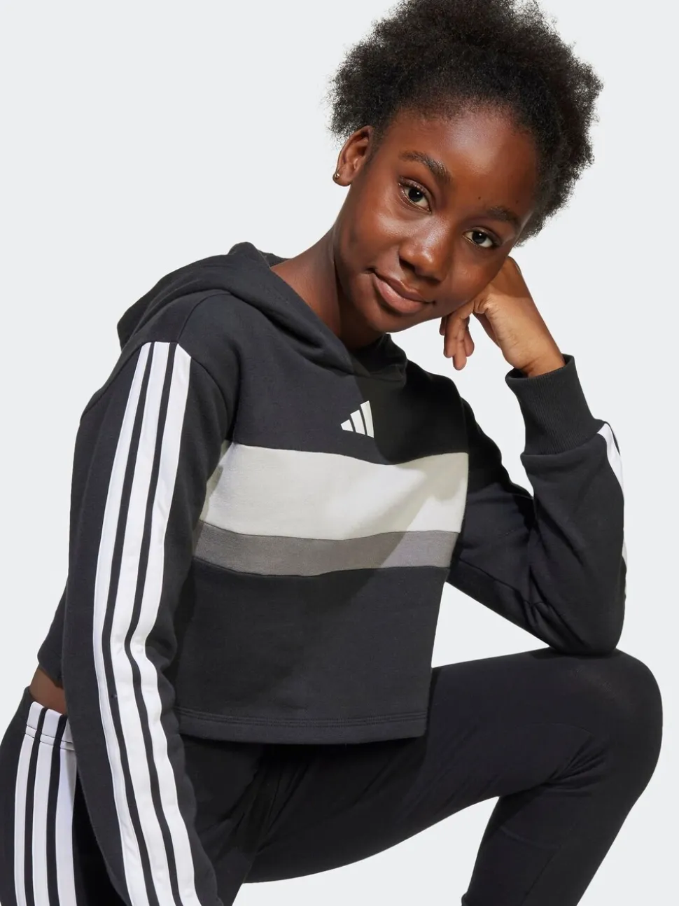 adidas Black Essentials Tiberio 3-Stripes Crop Kids Hoodie and Leggings Set