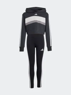 adidas Black Essentials Tiberio 3-Stripes Crop Kids Hoodie and Leggings Set