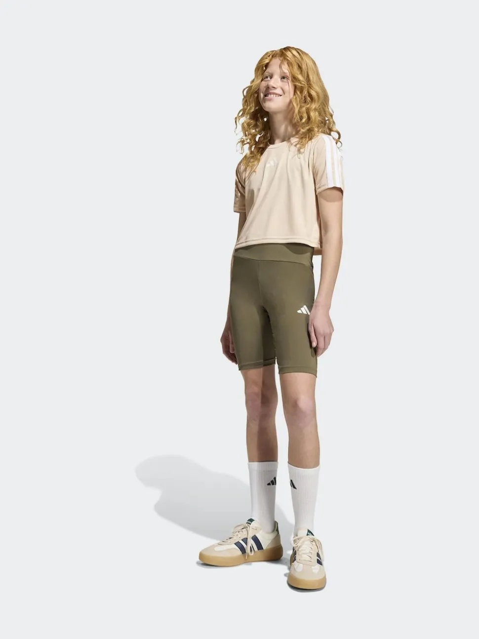 adidas Brown Train Essentials 3-Stripes T-Shirt and Bike Short Set Kids