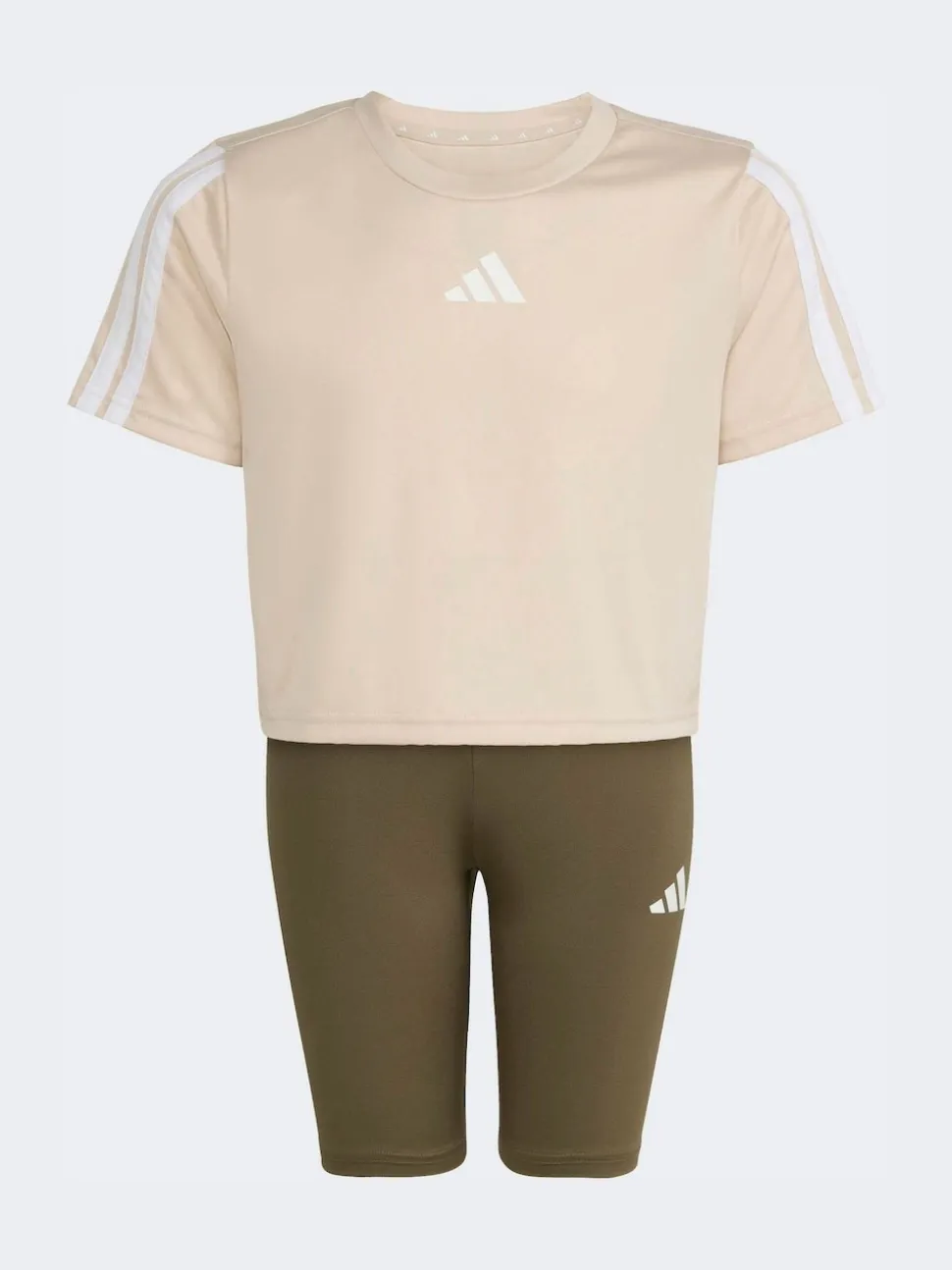 adidas Brown Train Essentials 3-Stripes T-Shirt and Bike Short Set Kids