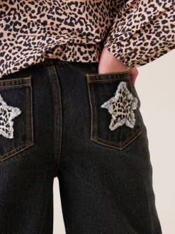 Angel & Rocket Black Piper Leopard Print Star Applique Wide Leg Jeans