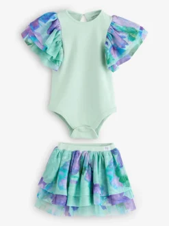 Angel & Rocket Green Lois Mint Floral Tutu And Frill Sleeve Bodysuit Set