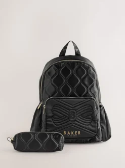 Baker by Ted Baker Girls Back To School Black Quilted Bow Backpack with Pencil Case