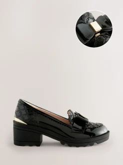 Baker by Ted Baker Girls Back to School Patent Heeled Black Loafer Shoes with Bow