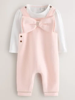 Baker by Ted Baker Pink Jacquard Bow Dungarees & T-Shirt Set