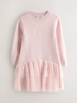 Baker by Ted Baker Pink Knitted Mesh Tulle Hem Dress