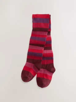 Berry Red Cotton Rich Stripe Tights