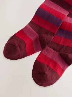 Berry Red Cotton Rich Stripe Tights