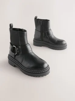 Black Standard Fit (F) Leather Chunky Harness Boots