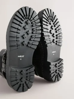 Black Standard Fit (F) Leather Chunky Harness Boots