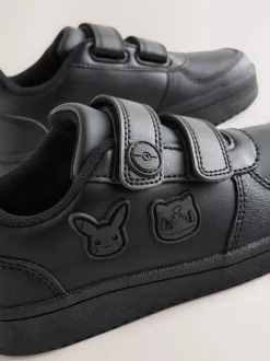 Black Standard Fit (F) Pokemon 2 Strap Touch Fastening School Shoes