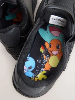 Black Standard Fit (F) Pokemon 2 Strap Touch Fastening School Shoes