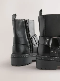 Black Wide Fit (G) Leather Chunky Harness Boots