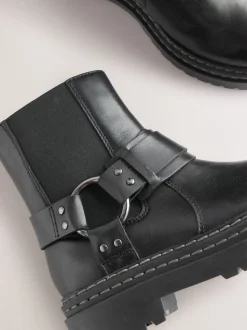 Black Wide Fit (G) Leather Chunky Harness Boots