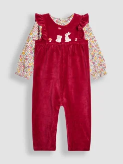 JoJo Maman Bébé Berry Bunny Appliqué Velour Dungarees & Top Set