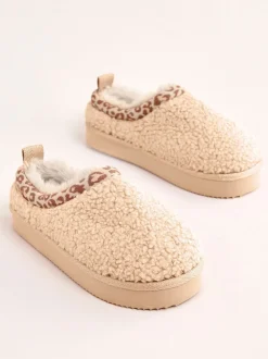 Lipsy Beige Standard Fit (F) EVA Leopard Print Trim Borg Fluffy Slip On Clog Slippers