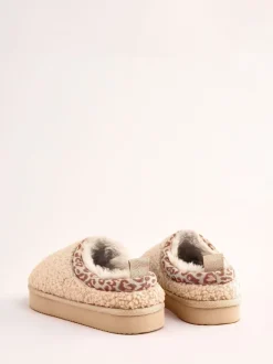 Lipsy Beige Standard Fit (F) EVA Leopard Print Trim Borg Fluffy Slip On Clog Slippers
