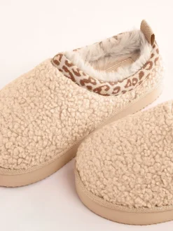 Lipsy Beige Standard Fit (F) EVA Leopard Print Trim Borg Fluffy Slip On Clog Slippers