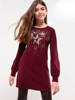 Lipsy Berry Red Star Christmas Crew Neck Knitted Dress (5-16yrs)