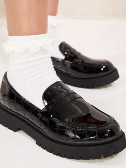 Lipsy Black Chunky Quilted Loafer School Shoes