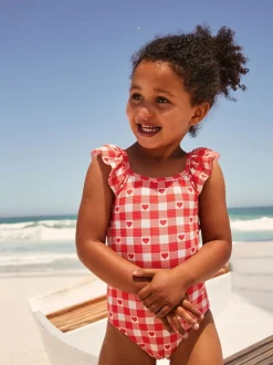 Red Gingham Heart Frill Shoulder Swimsuit (3mths-7yrs)