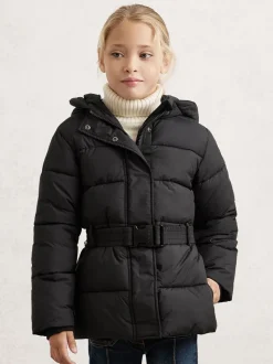Reiss Black Ava 3-9 yrs Short Belted Puffer Coat