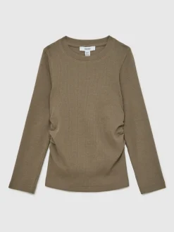 Reiss Khaki Trina 9-13 yrs Cotton Ruched Long-Sleeve T-Shirt with Stretch