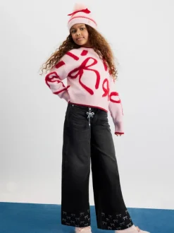 River Island Black Bow Hem Hotfix Wide Leg Jeans