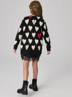 smALLSAINTS Black Amore Heart Girls Long Knitted Cardigan