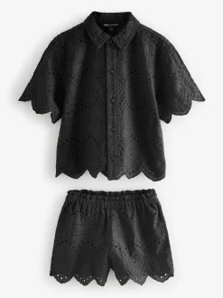 smALLSAINTS Black Cotton Broderie Shirt and Shorts Set