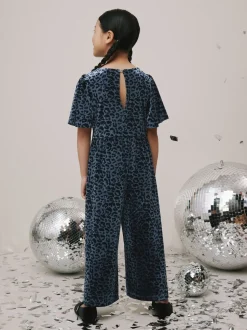Teal Blue Animal Print Velour Jumpsuit (3-16yrs)