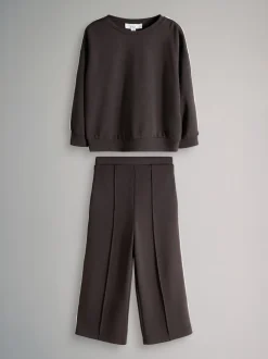 The Set Modal Jersey Crew and Wide Leg Joggers Set Chocolate Brown