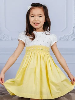 Trotters London Girls Lemon Yellow Rose Hand Smocked Dress