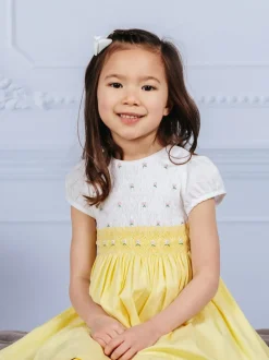 Trotters London Girls Lemon Yellow Rose Hand Smocked Dress