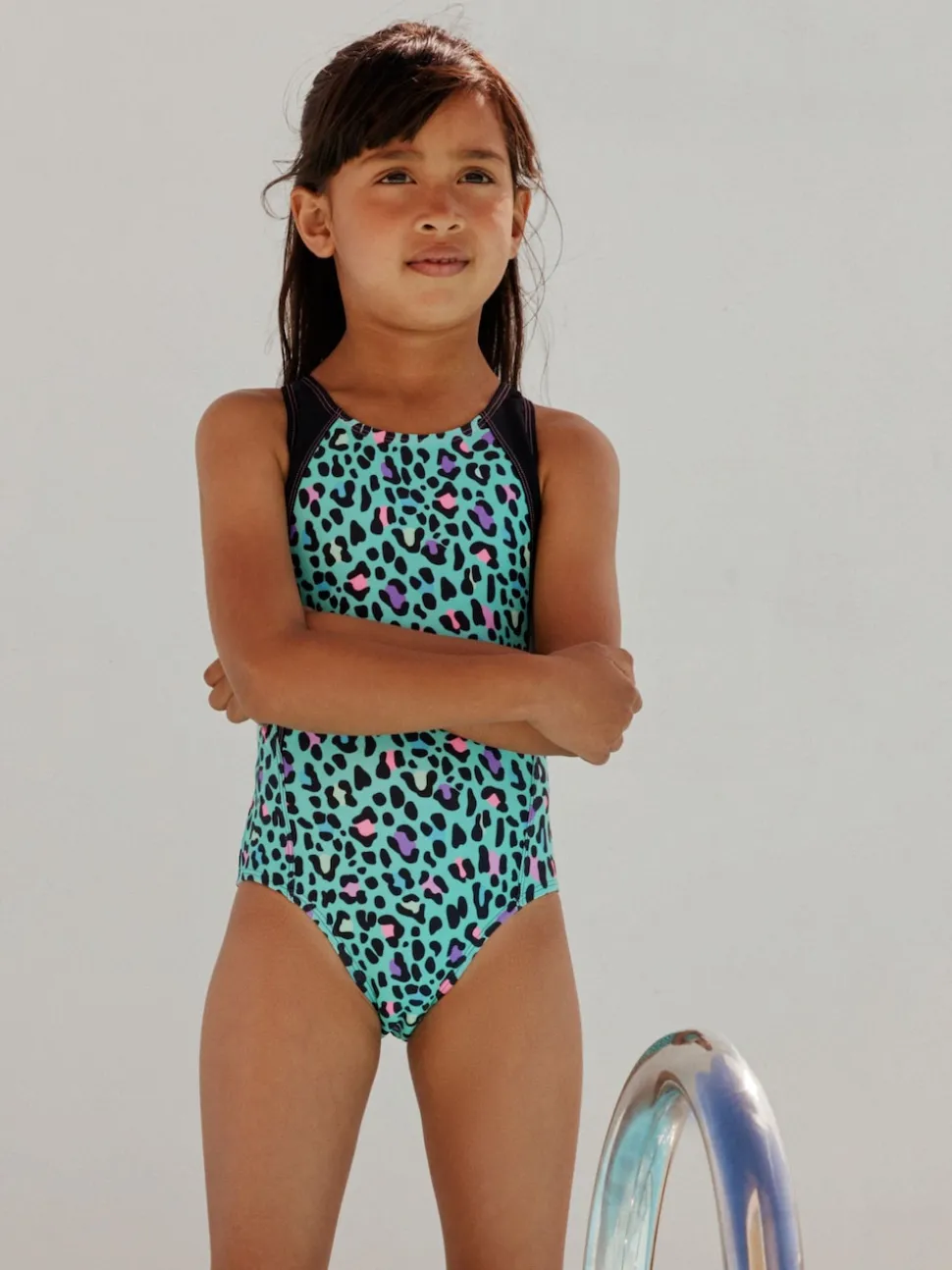 Turquoise Blue Animal Sports Open Back Swimsuit (3-16yrs)