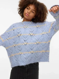 VERO MODA Blue Round Neck Stripe Pointelle Jumper