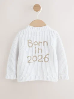 White Born In 2026 Baby Cardigan