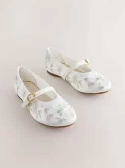 White Embroidered Stain Resistant Satin Mary Jane Occasion Shoes