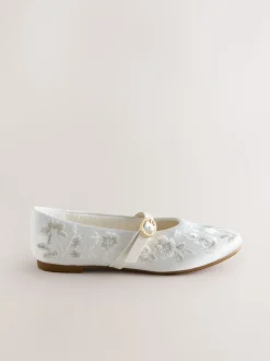 White Embroidered Stain Resistant Satin Mary Jane Occasion Shoes