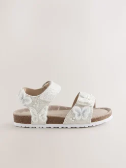 White Glitter Butterfly Standard Fit (F) Touch Fastening Corkbed Sandals