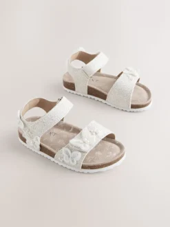 White Glitter Butterfly Wide Fit (G) Touch Fastening Corkbed Sandals