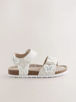White Glitter Butterfly Wide Fit (G) Touch Fastening Corkbed Sandals