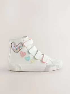 White Glitter Heart Touch Fastening High Top Trainers