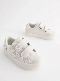 White Glitter Standard Fit (F) Butterfly Touch Fasten Strap Trainers