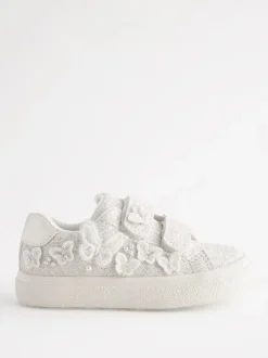 White Glitter Standard Fit (F) Butterfly Touch Fasten Strap Trainers