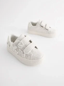 White Glitter Wide Fit (G) Butterfly Touch Fasten Strap Trainers