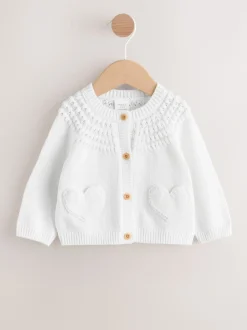 White Heart Pocket Button Through Baby Cardigan (0mths-2yrs)