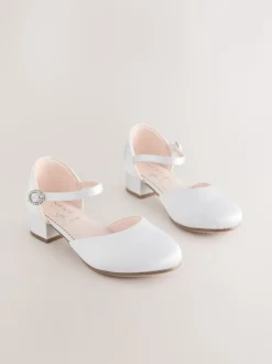 White Stain Resistant Satin Standard Fit (F) Occasion Ankle Strap Low Heel Shoes