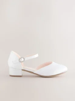 White Stain Resistant Satin Standard Fit (F) Occasion Ankle Strap Low Heel Shoes