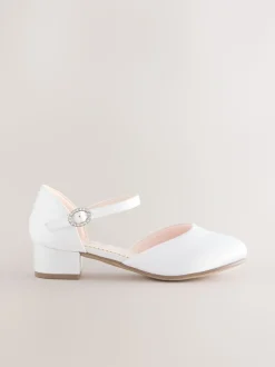 White Stain Resistant Satin Wide Fit (G) Occasion Ankle Strap Low Heel Shoes